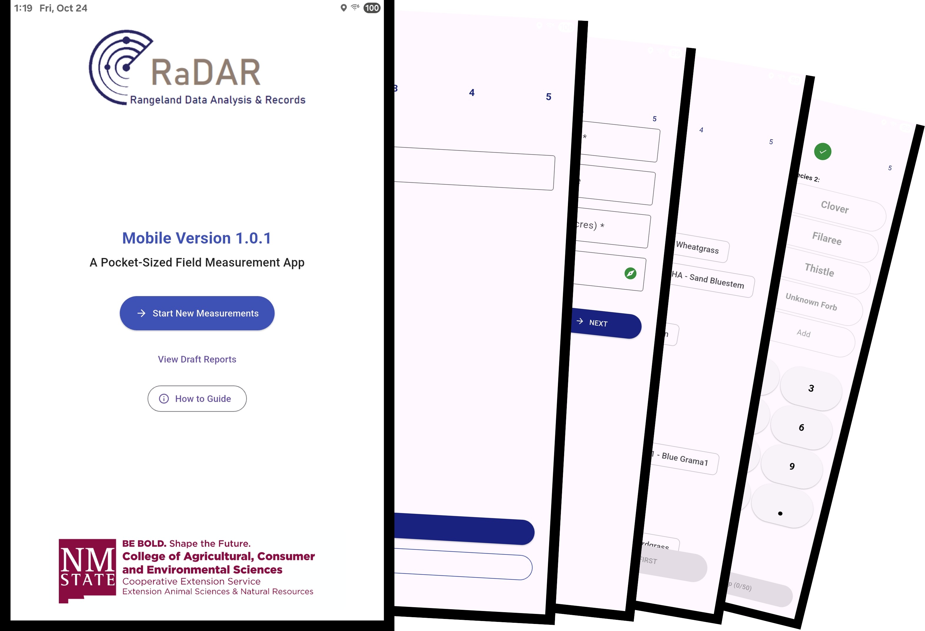 RaDAR Mobile application interface displaying field data collection screens
