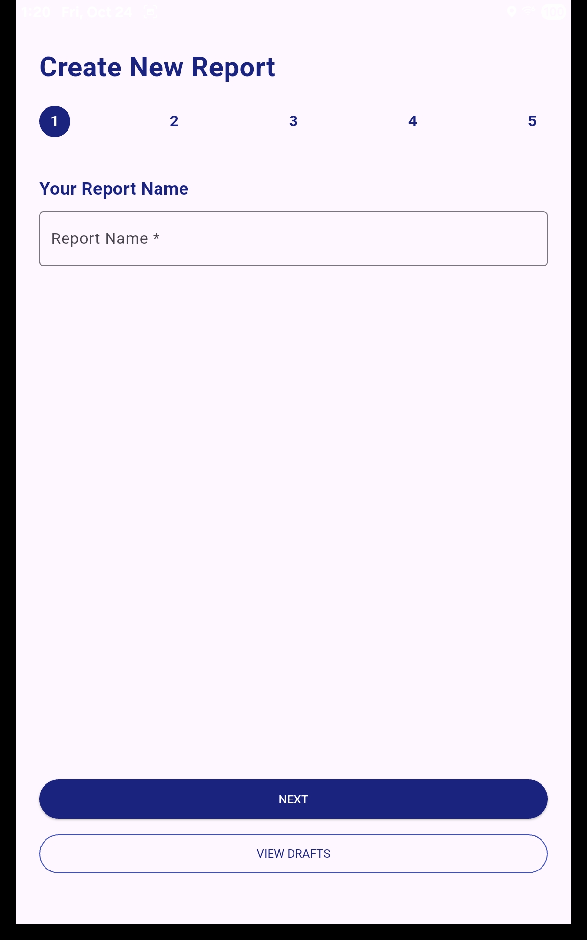 Mobile app screen showing report name entry field