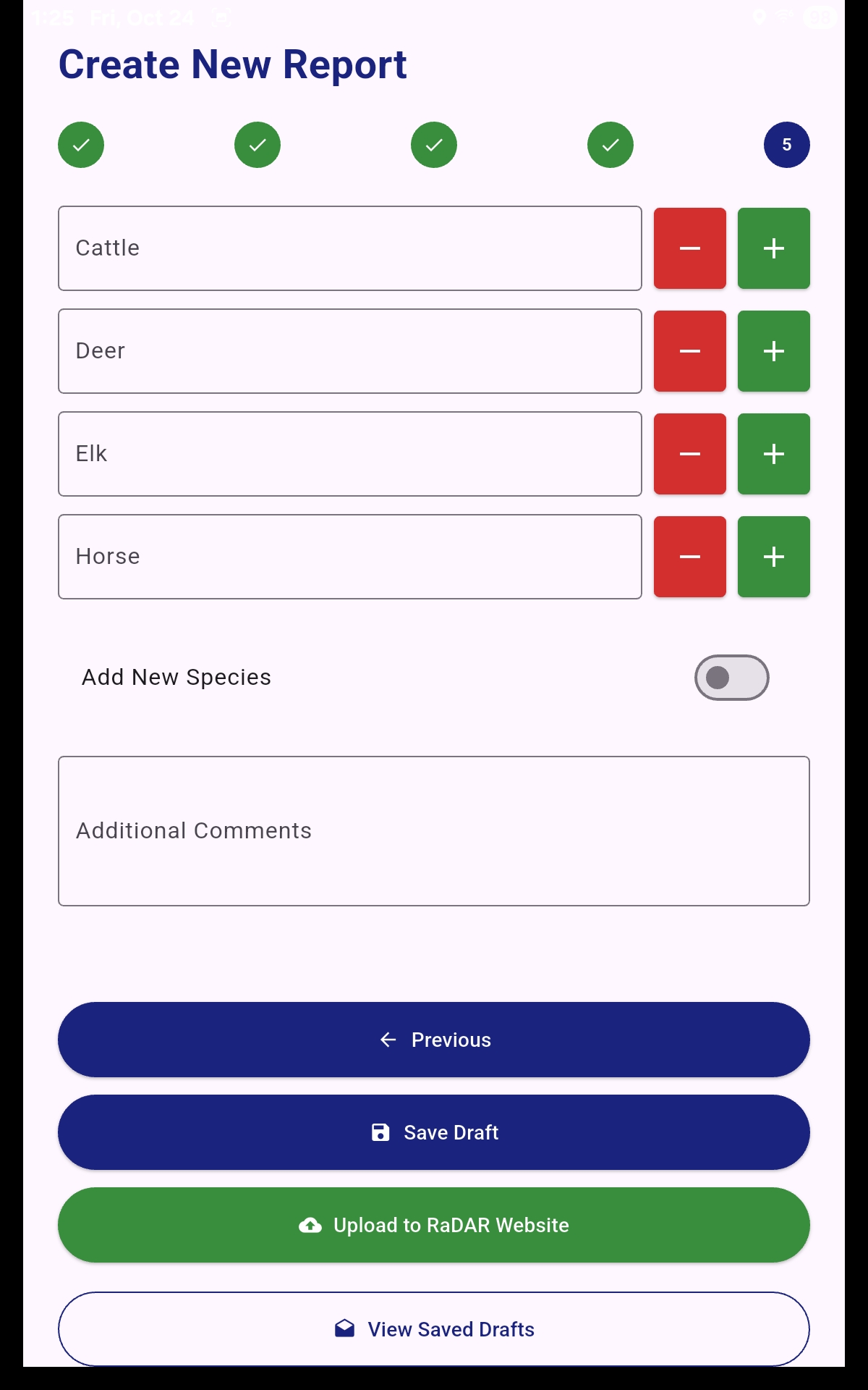 Mobile app screen showing optional data entry fields including dot tallies, clip weights, and comments